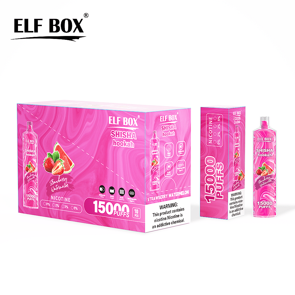 Confezione per narghilè ELF BOX Shisha al gusto di fragola e anguria, 15.000 boccate e opzioni di nicotina esposte.