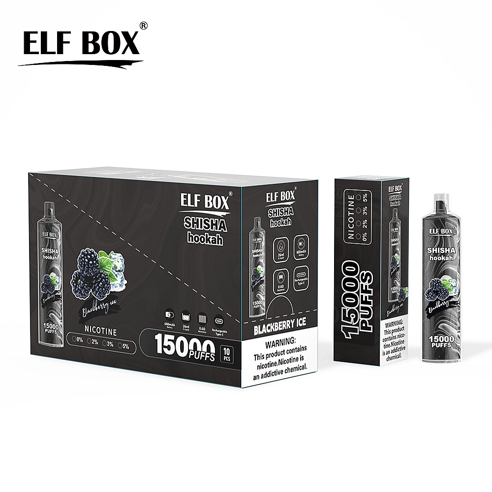 Confezione del narghilè ELF BOX Shisha Hookah al gusto Blackberry Ice, con capacità di 15.000 boccate e diverse opzioni di nicotina, presentata nel design nero e argento.