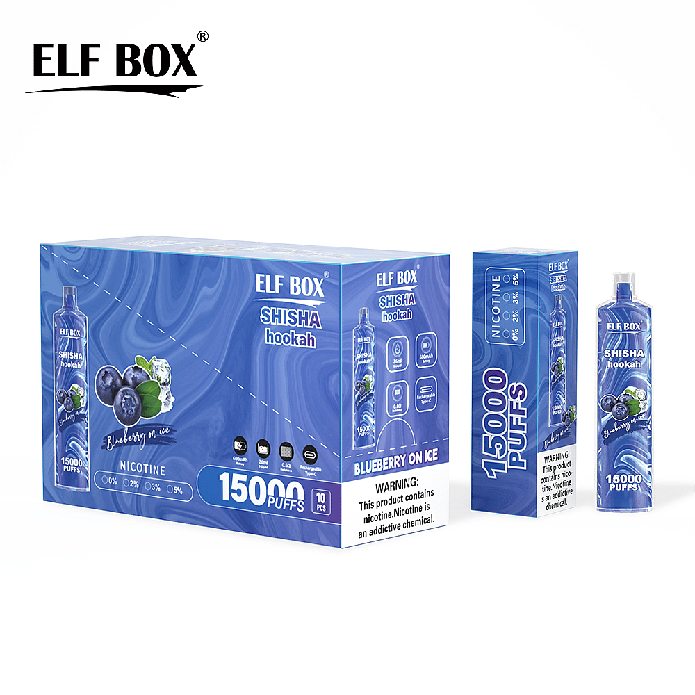 Elf Box Shisha Hookah Blueberry on Ice, confezione monouso da 15.000 boccate con avvertenza sulla nicotina.