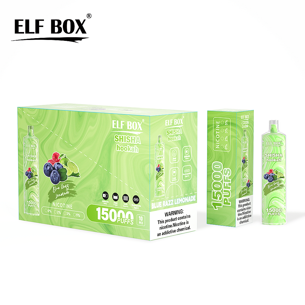 Confezione da narghilè ELF BOX Shisha con 15.000 boccate di sapore Blue Razz Lemonade e avvertenza sulla nicotina.