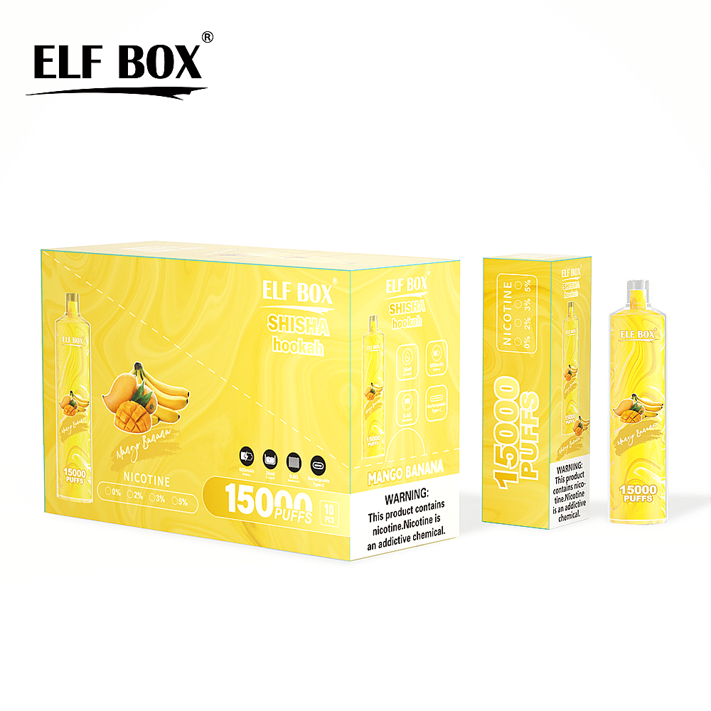 "Confezione per narghilè ELF BOX SHISHA al gusto di mango e banana, con 15.000 boccate e diverse opzioni di nicotina, esposta con etichetta di avvertenza sul prodotto."