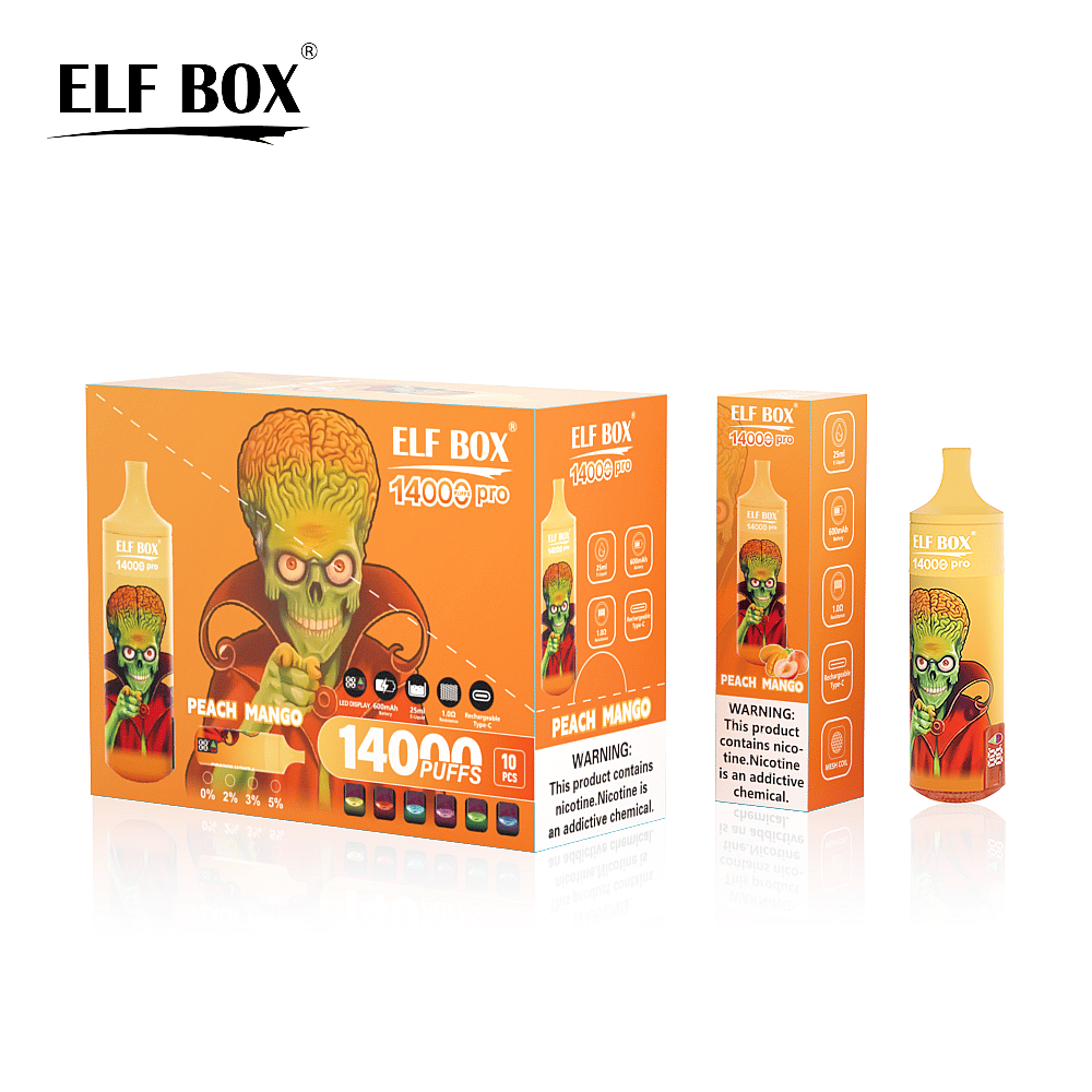 Scatola e due penne per svapare con l'etichetta "ELF BOX 14000 pro" al gusto di pesca e mango, raffiguranti un alieno dei cartoni animati con un grande cervello, in una confezione arancione brillante.