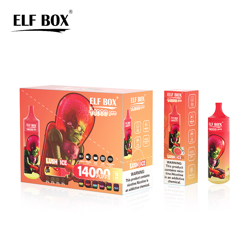 Confezione per lo svapo Lush Ice "Elf Box 14000 Pro", con un alieno rosso e verde, etichetta per 14000 boccate e avviso di dipendenza da nicotina.