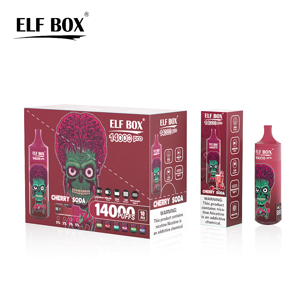 Confezione monouso per sigarette elettroniche ELF BOX 14000 pro raffigurante un personaggio verde simile a uno zombi con un grande cervello rosa, con l'etichetta "CHERRY SODA" e "14000 puffs".