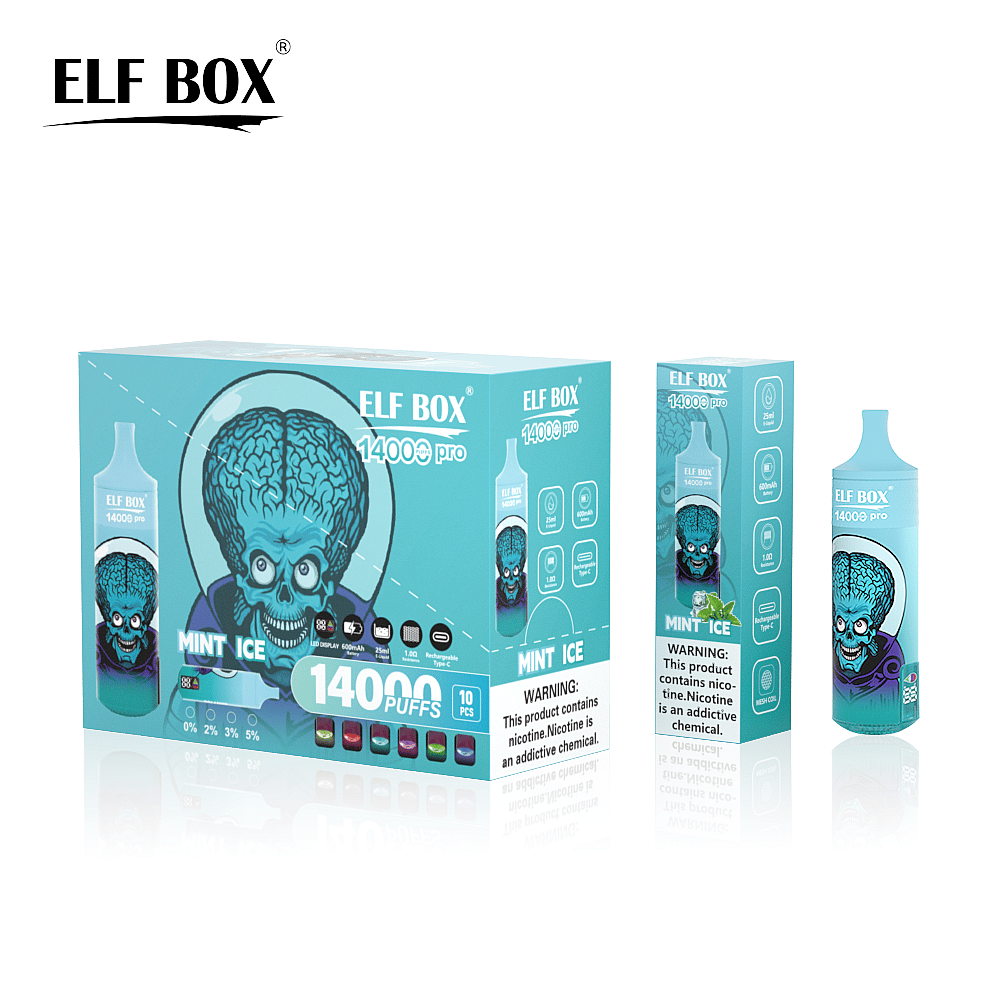 Confezione monouso per vaporizzatore Elf Box 14000 Pro Mint Ice raffigurante un personaggio stilizzato con un grande cervello blu ed etichette di avvertenza sulla nicotina.