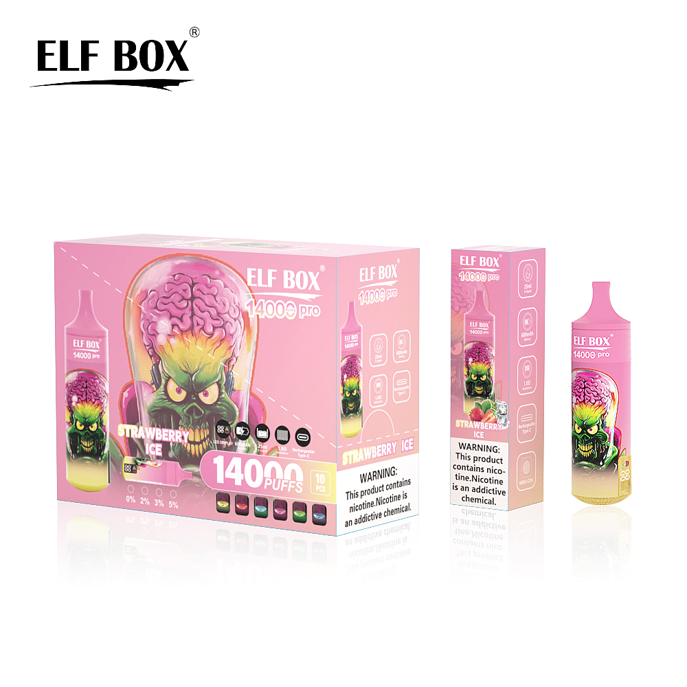 Confezioni e singole unità di ELF BOX 14000 pro monouso per vaporizzatore al gusto di fragola e ghiaccio, caratterizzate da uno sfondo rosa con una testa aliena verde in stile cartone animato con un cervello visibile sulla confezione.