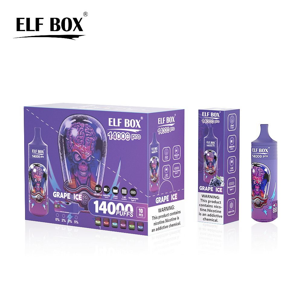 Confezione dello svapo Elf Box 14000 Pro Grape Ice raffigurante un dispositivo viola con un volto alieno illustrato, che offre 14000 boccate ed etichette di avvertenza sulla nicotina.