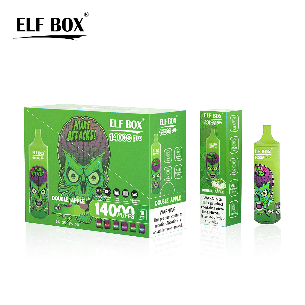 Elf Box 14000 boccate di vaporizzatore usa e getta al gusto Double Apple, con un design alieno verde "Mars Attacks" sulla confezione.