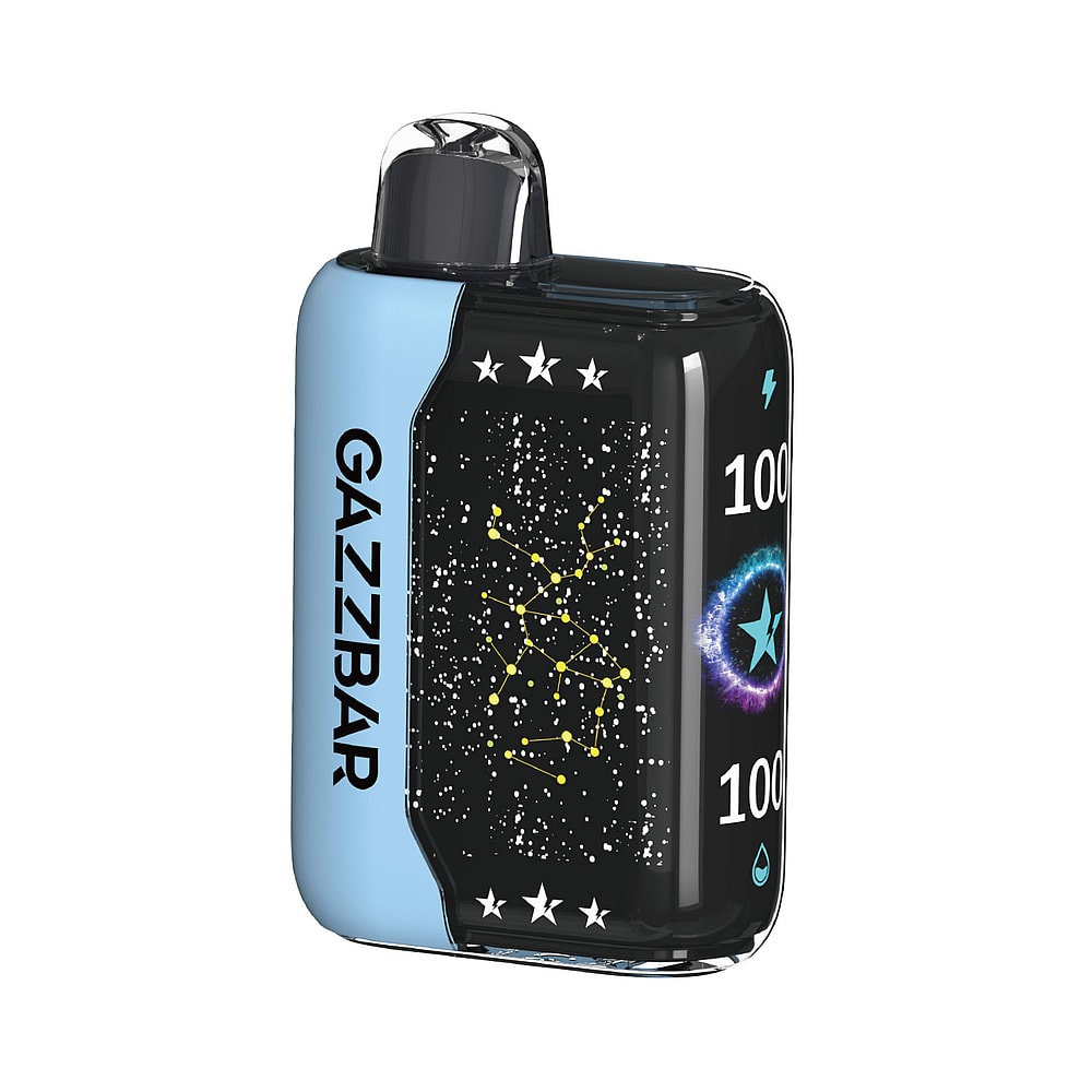 Un dispositivo per svapare nero e blu con l'etichetta "GAZZBAR" e un disegno che raffigura un cielo notturno stellato e linee di costellazioni gialle sulla parte anteriore.