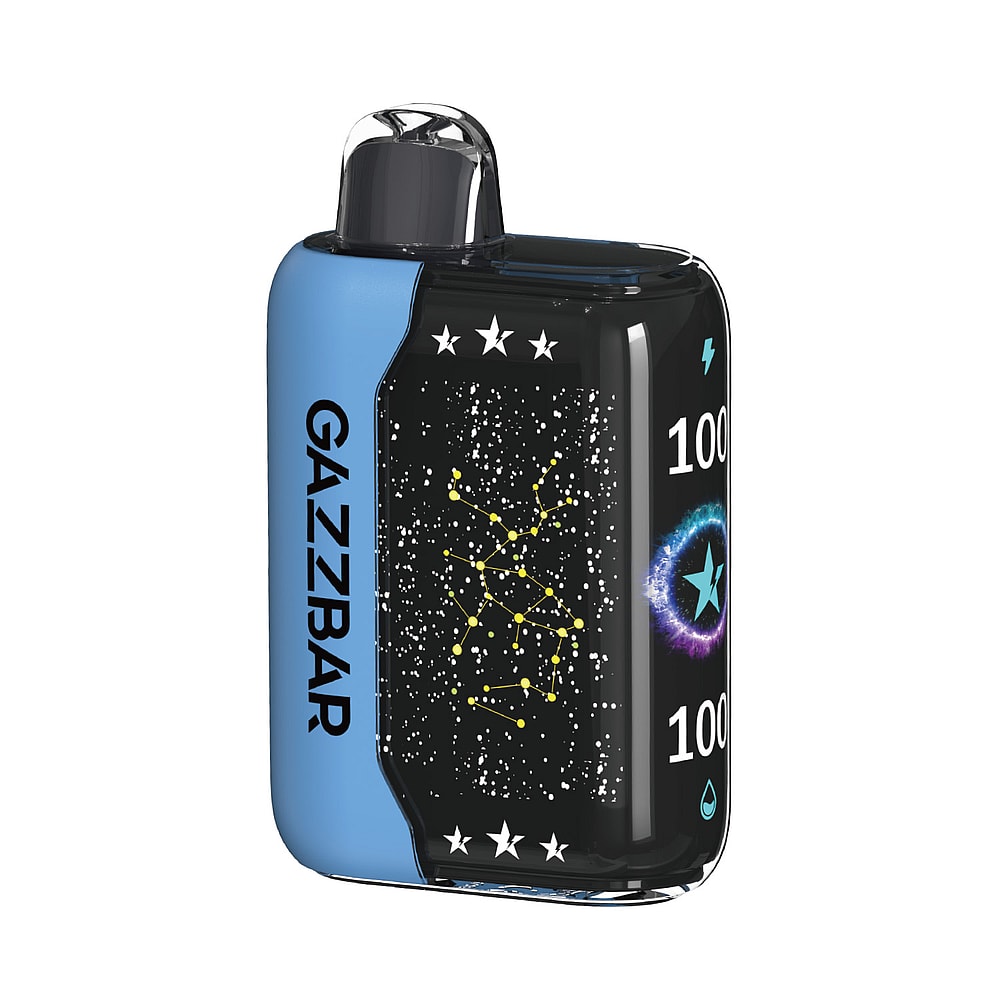 Un dispositivo elettronico compatto e rettangolare con il marchio "GAZZBAR" sul lato, caratterizzato da un cielo notturno stellato con una costellazione e anelli blu luminosi sul pannello frontale.