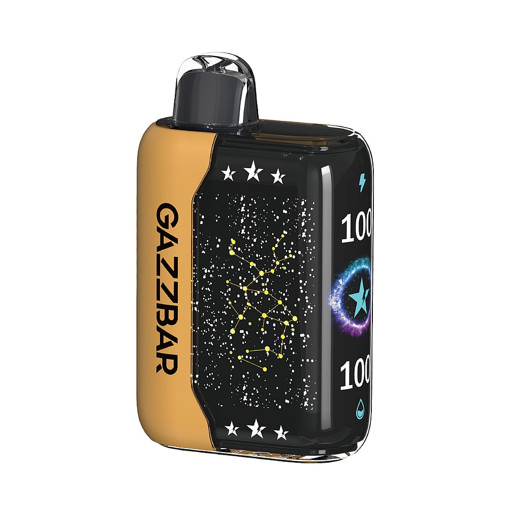 Un dispositivo per svapare nero e oro con il marchio "GAZZBAR", caratterizzato da un design a costellazione stellata e icone che mostrano i livelli della batteria 100% e del liquido.