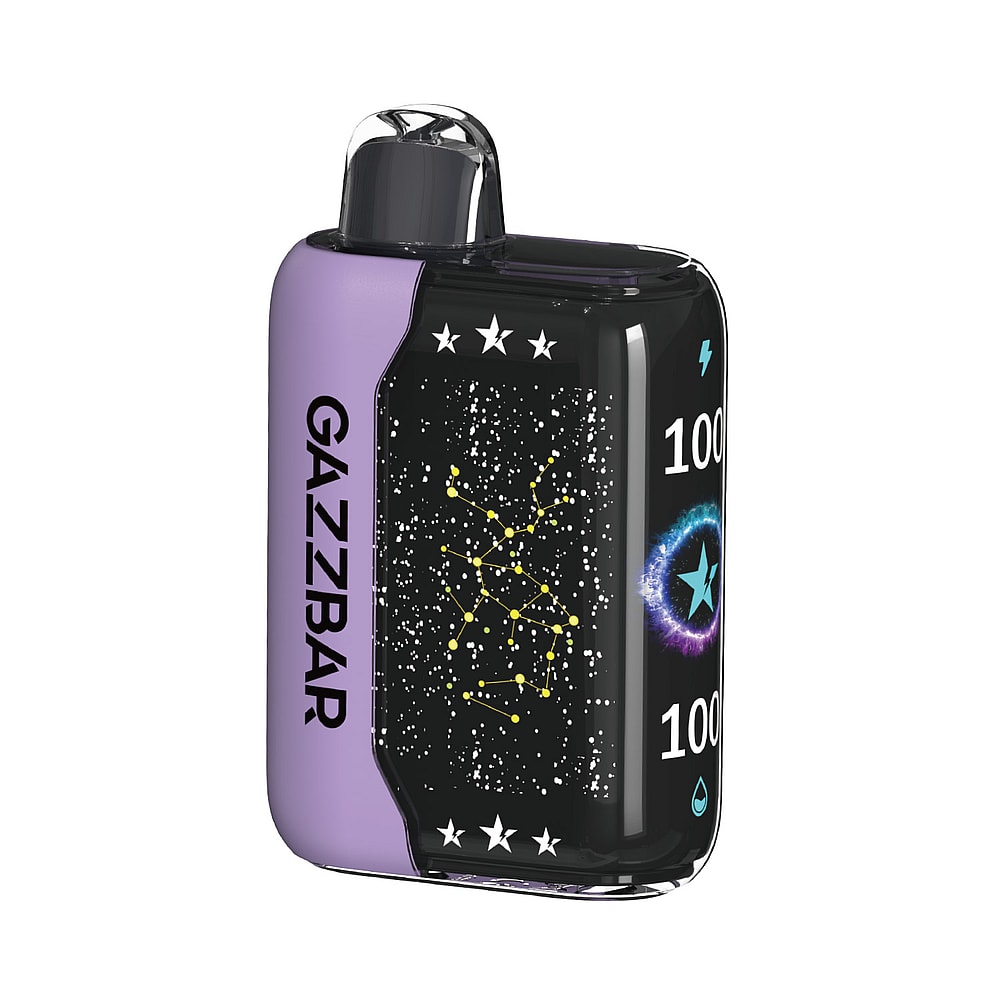 Un dispositivo per svapare compatto e rettangolare con corpo nero e viola, decorato con un motivo a costellazione, motivi a stelle e la scritta "GAZZBAR" sul lato.