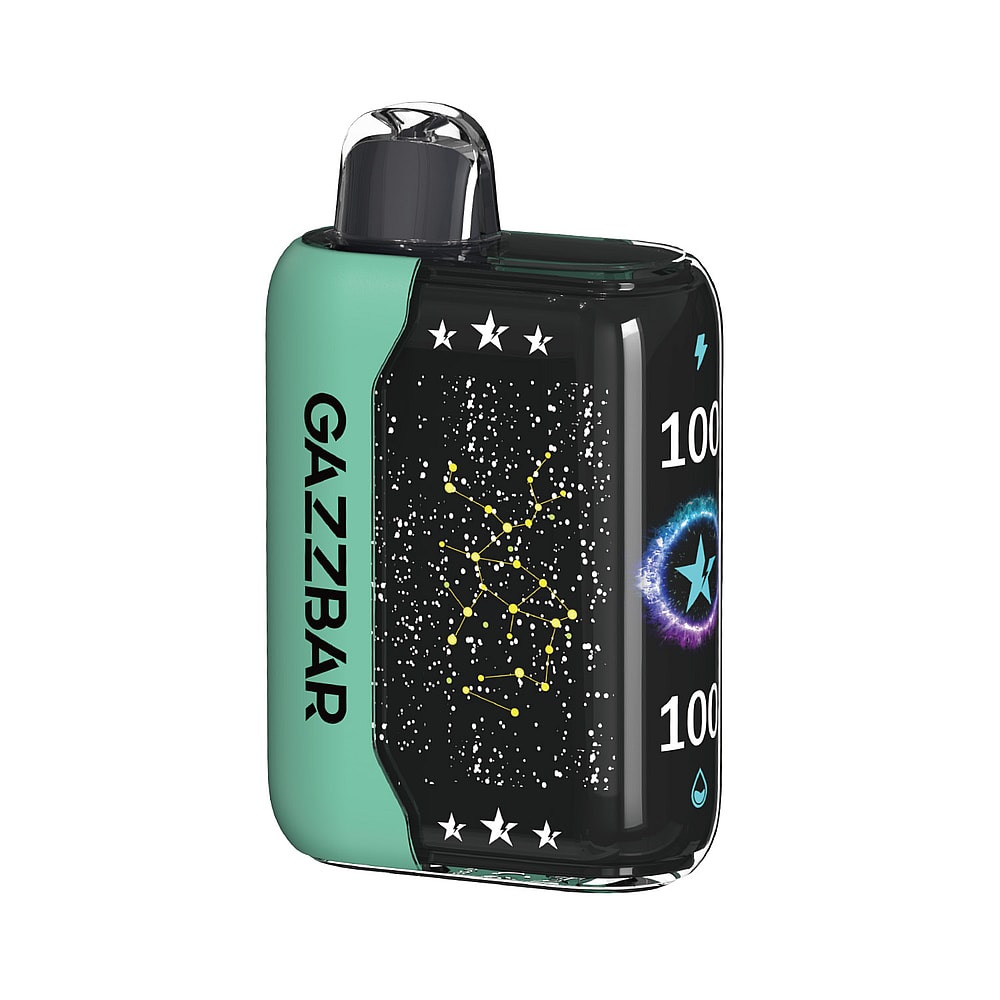 Un dispositivo per svapare rettangolare nero e verde con il marchio "GAZZBAR" sul lato, caratterizzato da un design con spazio stellato, costellazioni e icone che mostrano i livelli della batteria 100% e del liquido.