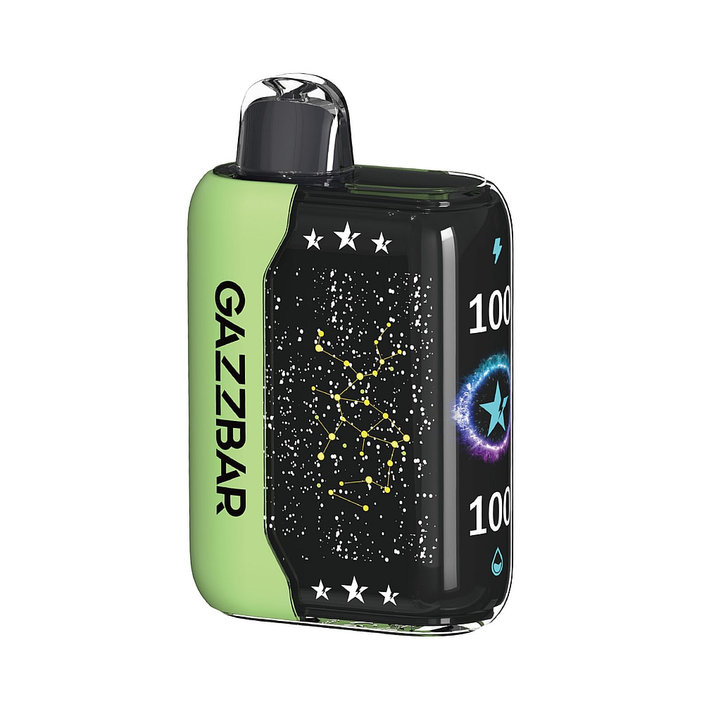 Un dispositivo per lo svapo verde e nero con l'etichetta "GAZZBAR" raffigurante una costellazione e un display digitale che mostra "100".