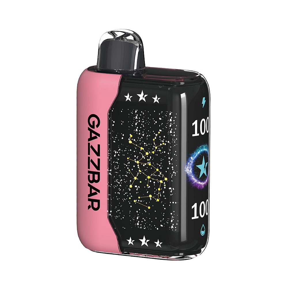 Un dispositivo per svapare compatto e rettangolare, dal design rosa e nero, con il marchio "GAZZBAR", una grafica a forma di stella e un motivo a costellazione sulla superficie.