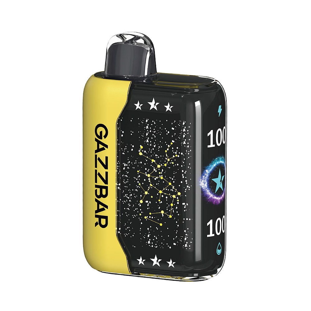 Un dispositivo per svapare GAZZBAR giallo e nero con un design a tema spaziale raffigurante stelle e costellazioni.