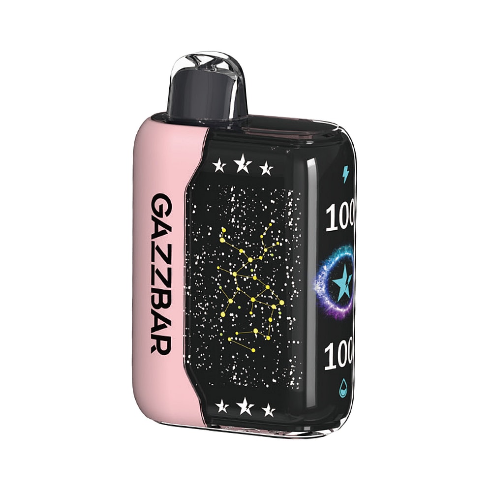 Un dispositivo per svapare rosa e nero con il marchio "GAZZBAR" visualizzato sul lato, caratterizzato da un design a costellazione e un display digitale che mostra i livelli della batteria e del liquido a 100%.