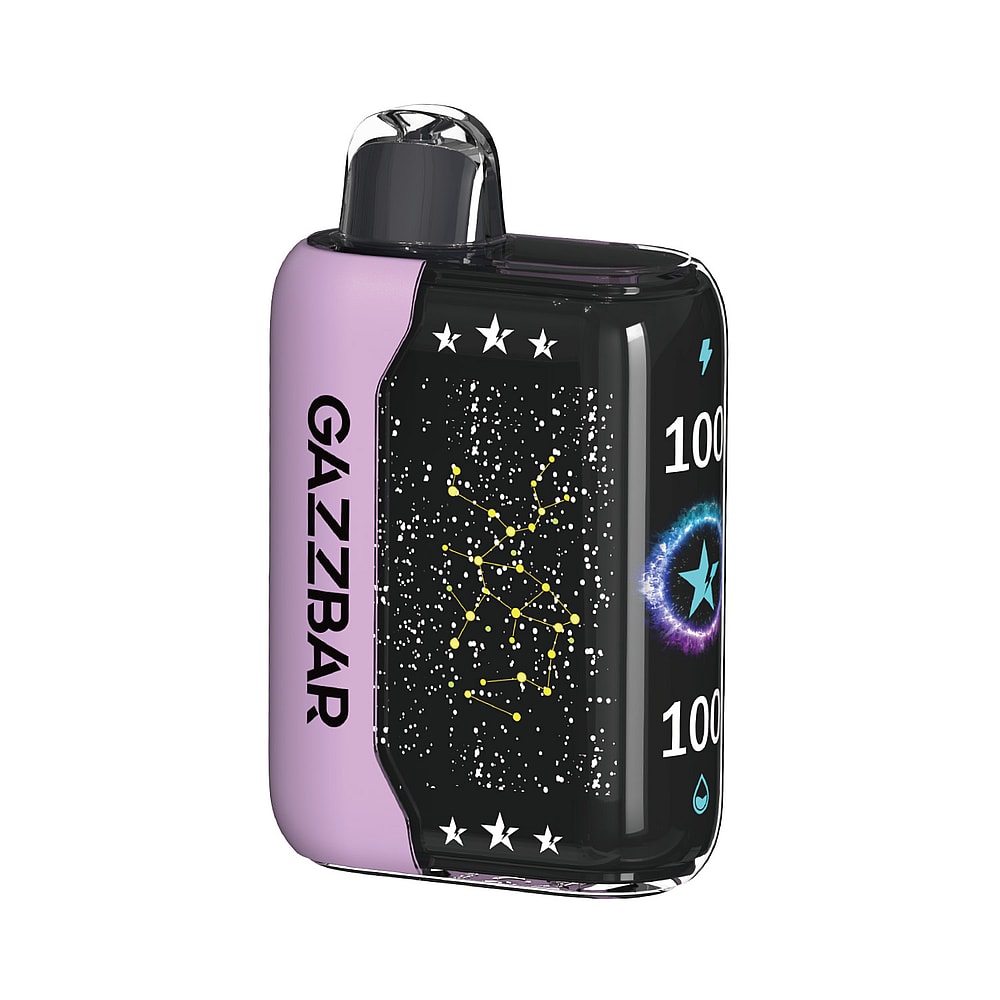 Un dispositivo per svapare di forma rettangolare con un pannello laterale viola con la scritta "GAZZBAR" e un pannello frontale nero con stelle bianche, una costellazione e una stella blu luminosa con un indicatore "100".