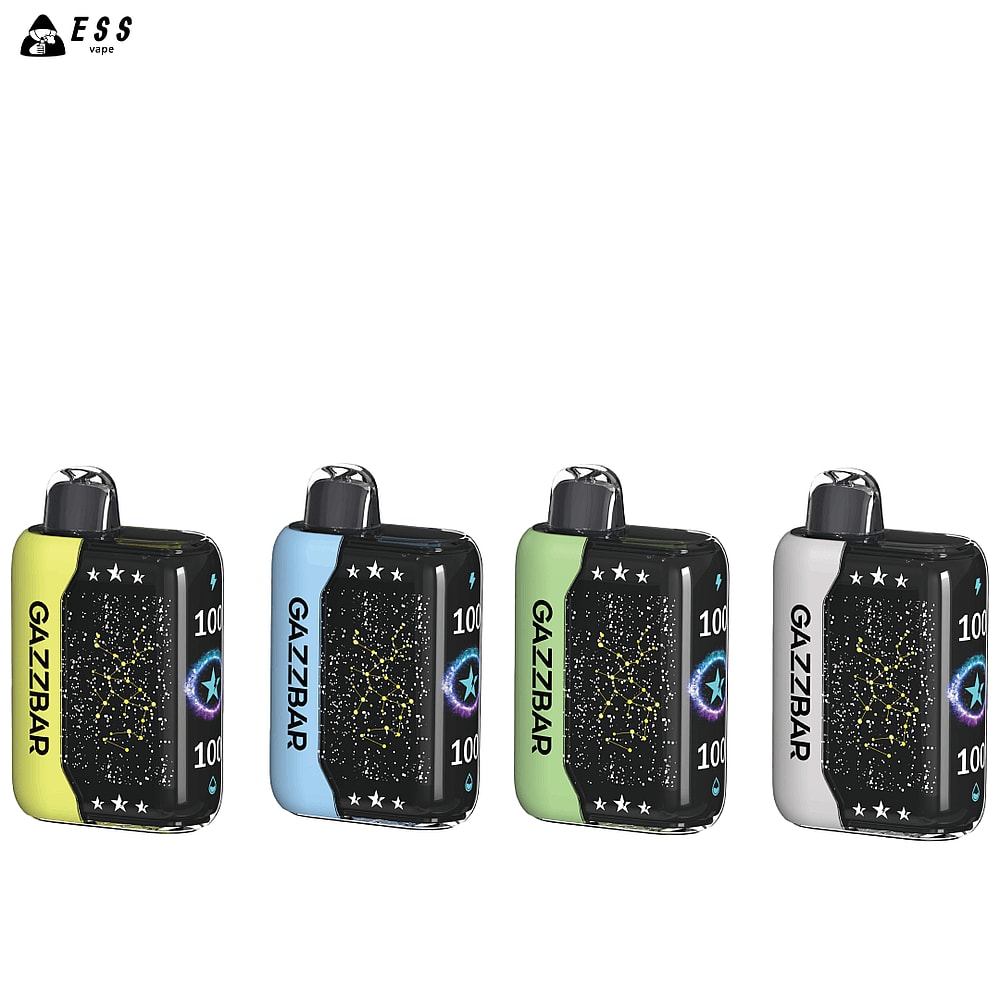 Quattro dispositivi per svapare GazzBar in diversi colori: giallo, blu, verde e bianco, con motivi a tema stelle e costellazioni.