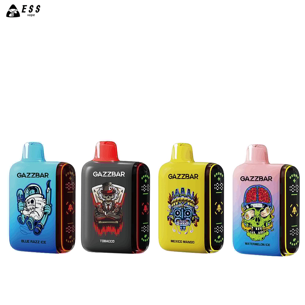 Sono esposti quattro colorati dispositivi per lo svapo GAZZBAR, ognuno con un design unico e con i seguenti aromi: Blue Razz Ice, Tobacco, Mexico Mango e Watermelon Ice.