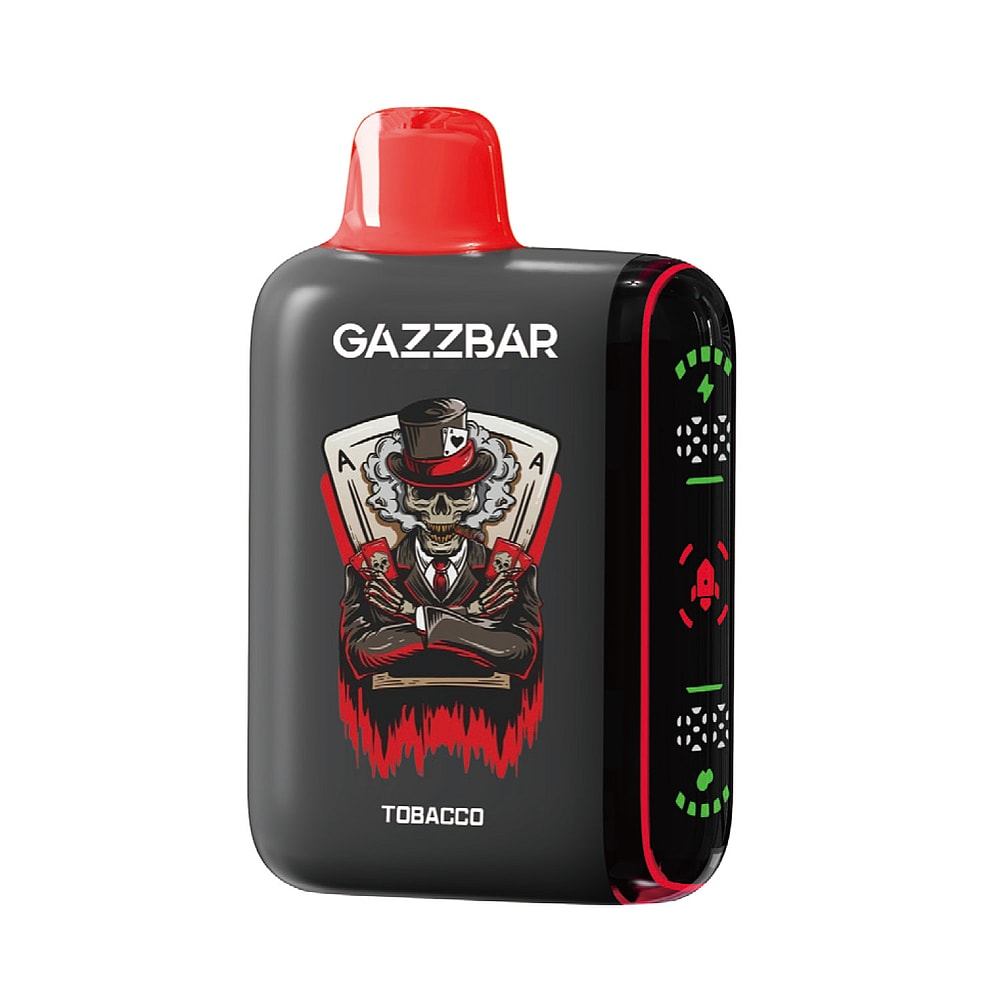 Un dispositivo per svapare nero e rosso con l'etichetta "GAZZBAR" al gusto di tabacco, raffigurante uno scheletro in giacca e cravatta e cilindro che tiene in mano delle carte da gioco.