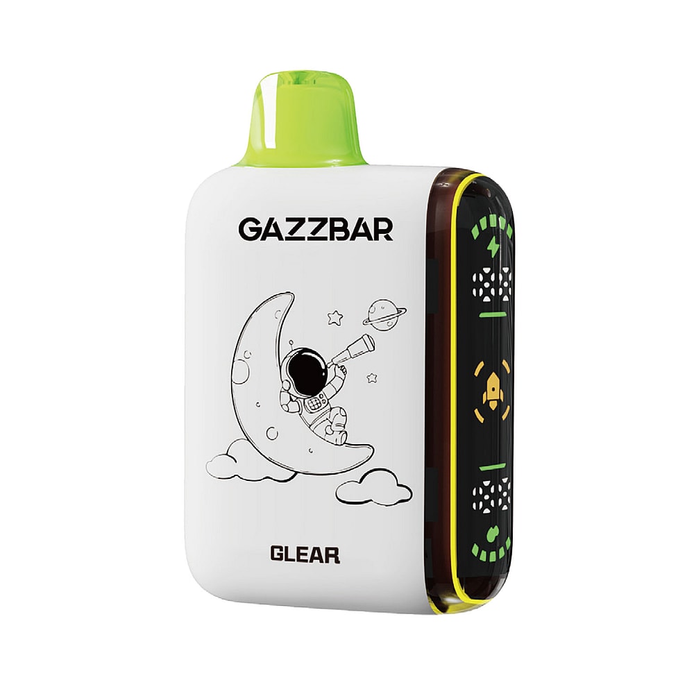 Un dispositivo per svapare GAZZBAR bianco con un bocchino verde raffigurante un astronauta dei cartoni animati seduto su una luna crescente, circondato da stelle e pianeti, con un indicatore della batteria e icone sul lato.