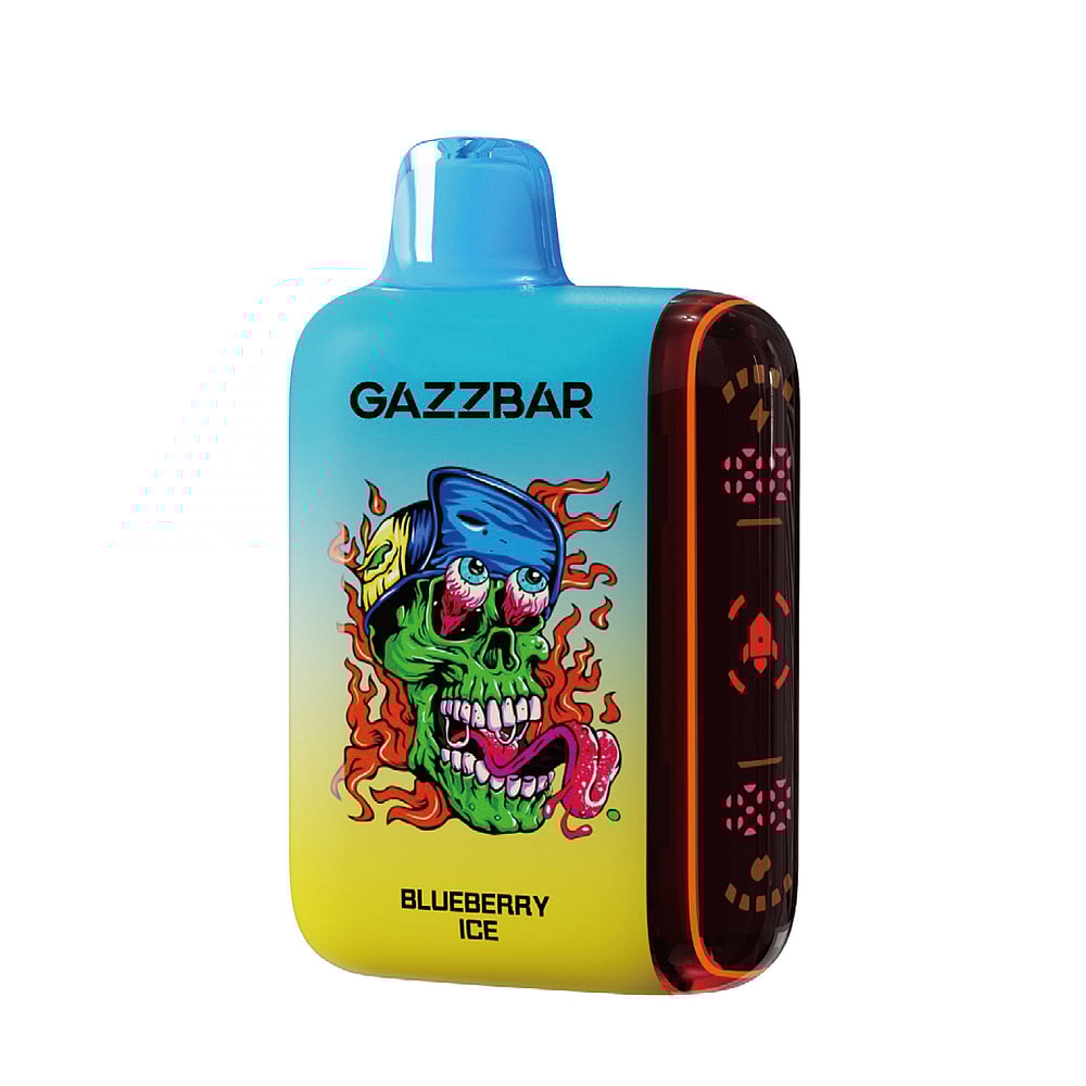 Un dispositivo per svapare colorato con l'etichetta "GAZZBAR" con una sfumatura blu e gialla, raffigurante un teschio di zombie verde fiammeggiante e il sapore "Blueberry Ice".