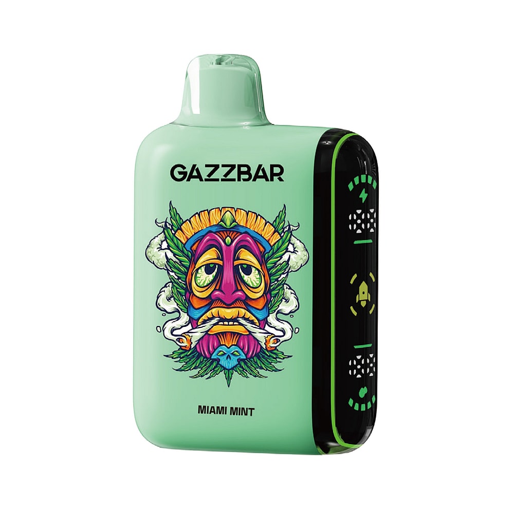 Dispositivo per svapare Gazzbar verde con un colorato disegno tribale e la scritta "Miami Mint".