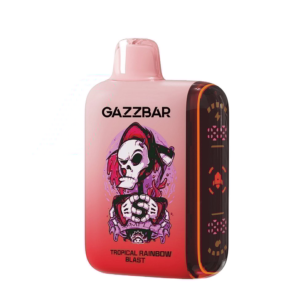 Un dispositivo per svapare usa e getta rosa e rosso con l'etichetta "GAZZBAR Tropical Rainbow Blast" e l'immagine di un teschio che indossa una felpa con cappuccio sul davanti.