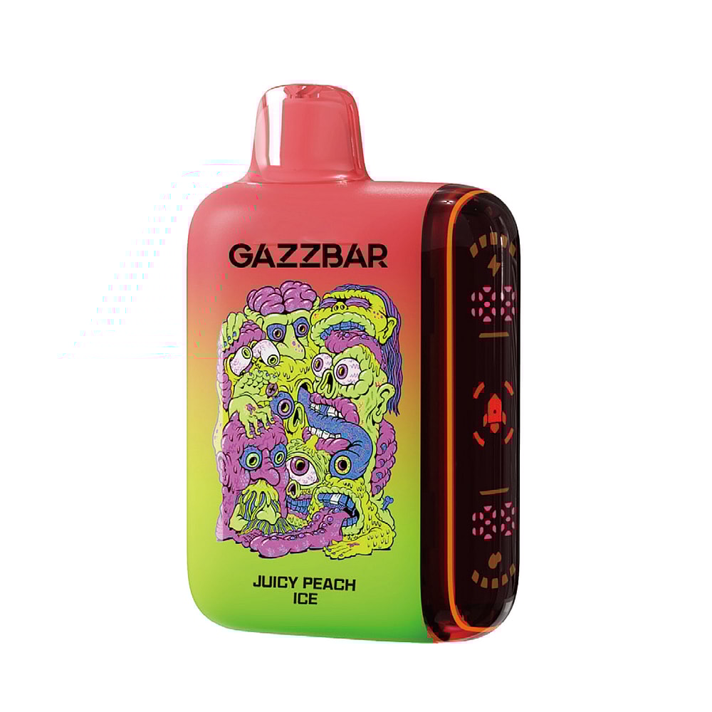 Un dispositivo per svapare colorato con l'etichetta "GAZZBAR Juicy Peach Ice" caratterizzato da un design sfumato luminoso e illustrazioni di mostri surreali e da cartone animato.