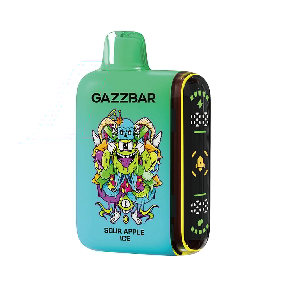 Un dispositivo per svapare verde e blu con l'etichetta "GAZZBAR Sour Apple Ice" decorato con un'immagine colorata di un mostro dei cartoni animati e un pannello laterale nero con delle icone.