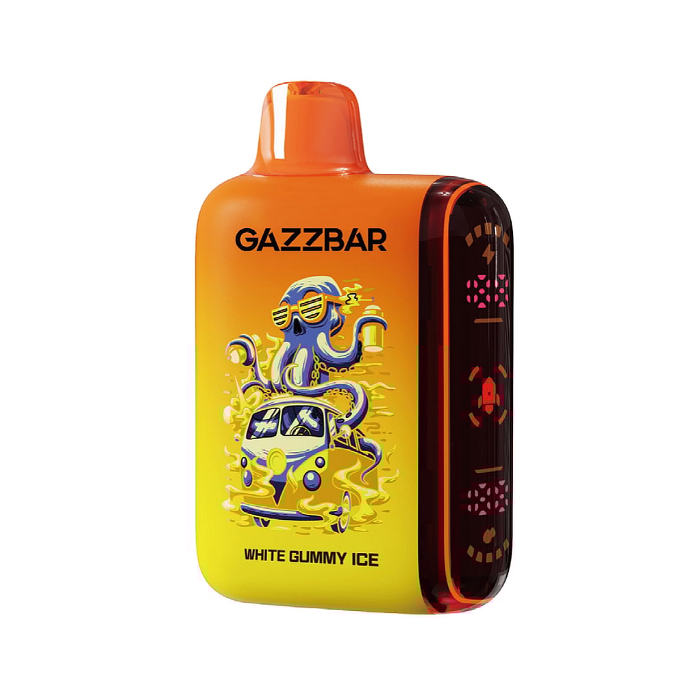 Dispositivo per svapare arancione e giallo raffigurante un polipo dei cartoni animati alla guida di un furgone, con le scritte "GAZZBAR" e "WHITE GUMMY ICE".