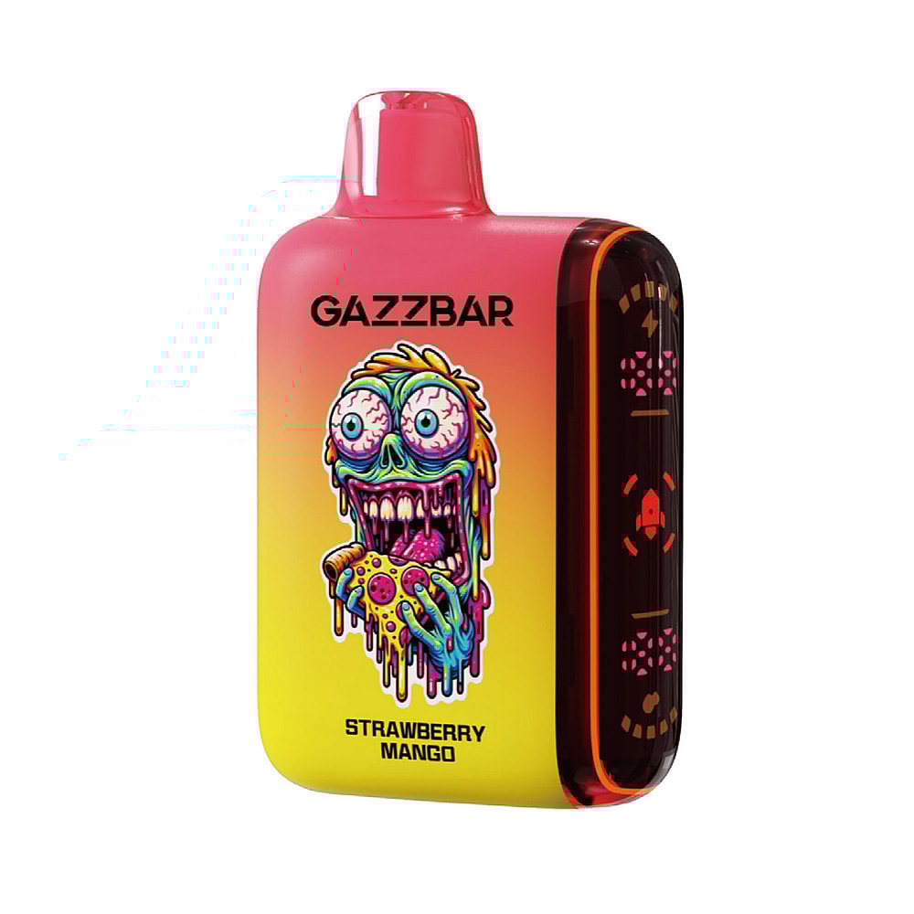 Un dispositivo per svapare colorato con il marchio "GAZZBAR", caratterizzato da una vivace illustrazione di un personaggio simile a uno zombie che mangia un frutto, con l'etichetta con il gusto "Fragola Mango".