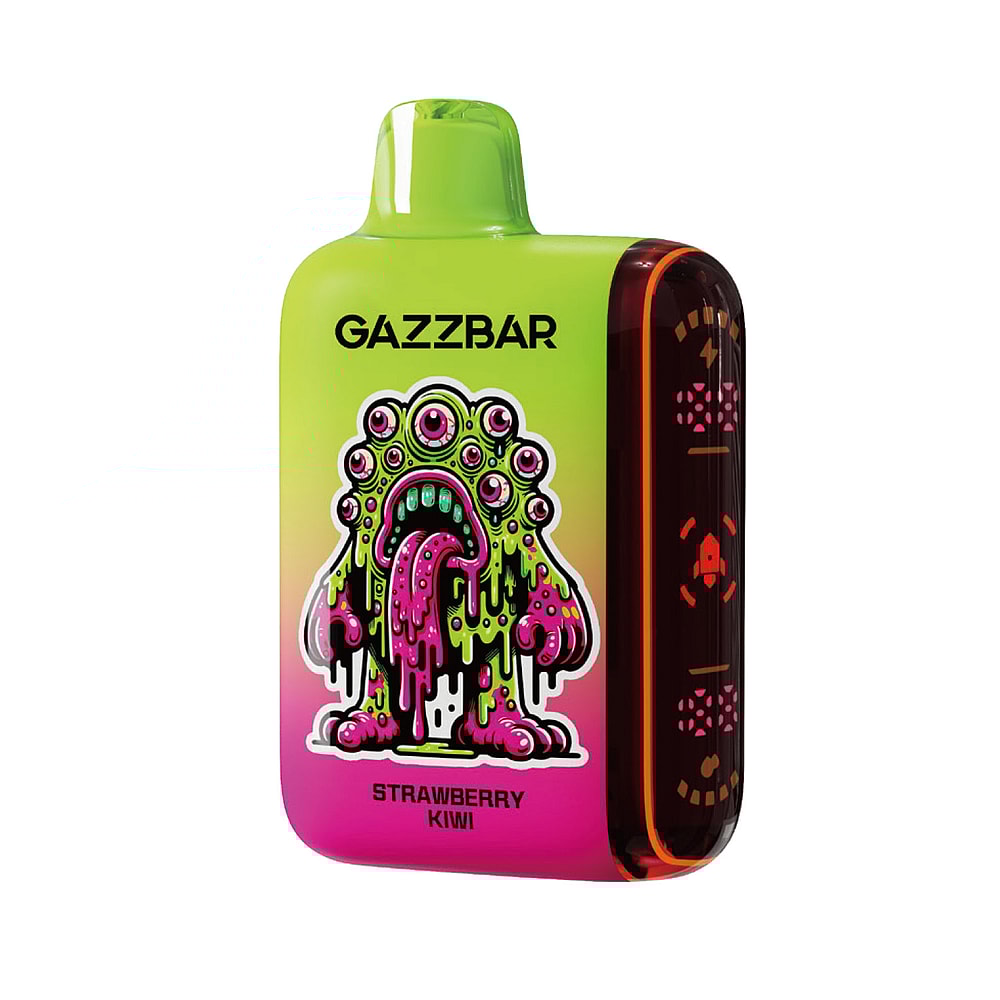 Un dispositivo per svapare colorato con sfumature verdi e rosa, raffigurante un mostro dei cartoni animati con più occhi e un aspetto gocciolante e sciolto, etichettato "GAZZBAR" e "Strawberry Kiwi".