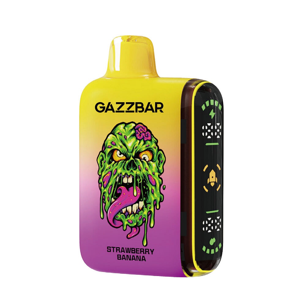 Um vape descartável de cores brilhantes com um gradiente de amarelo e roxo, com uma ilustração grotesca de um rosto de zumbi verde e o rótulo de sabor "Morango e Banana".