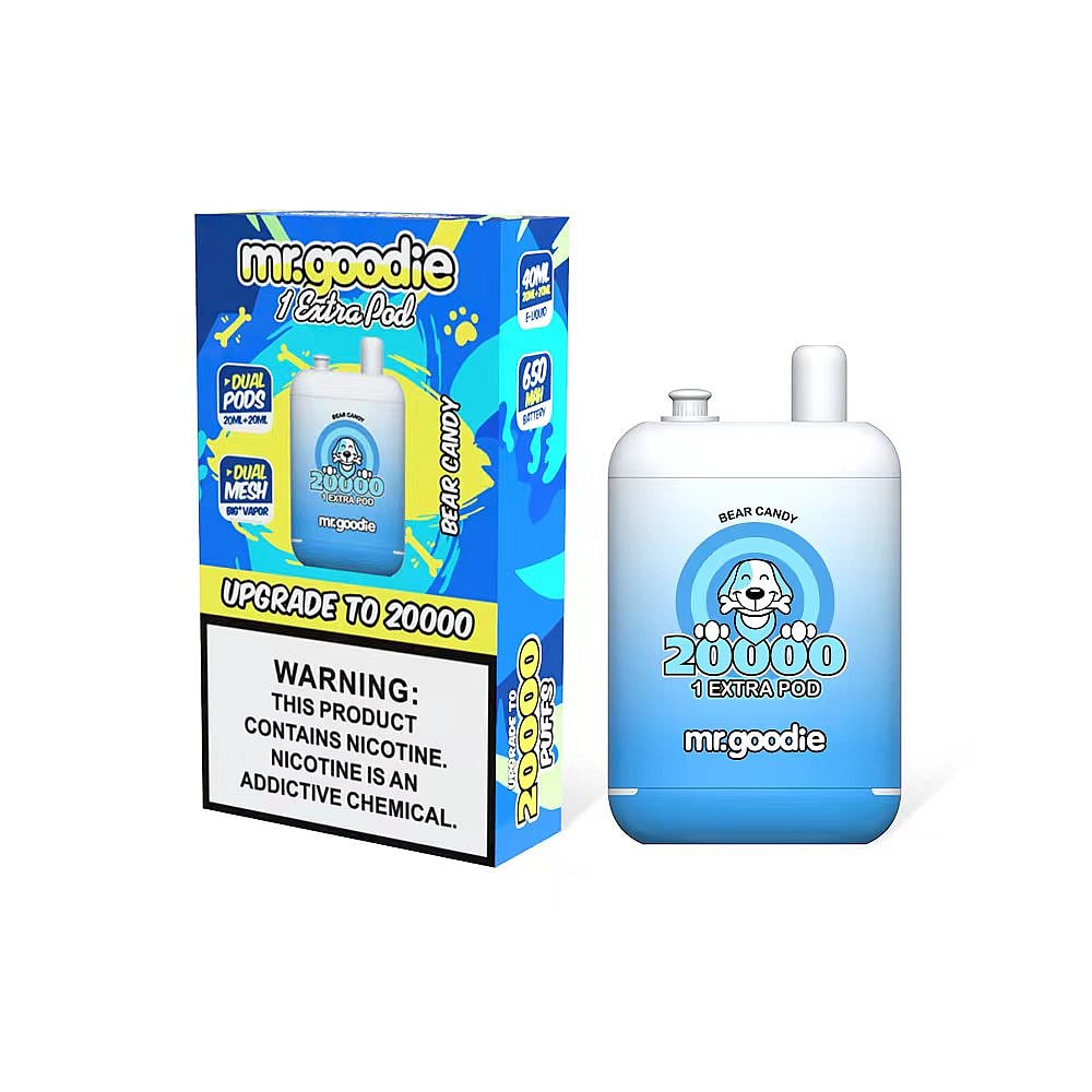 Mr. Goodie disposable vape device and packaging, featuring "Bear Candy" flavor, 20,000 puffs, 1 extra pod, and a warning label stating nicotine is an addictive chemical.