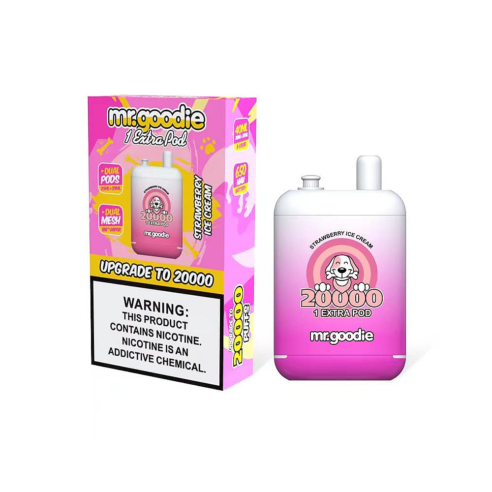Mr. Goodie disposable vape box and device with strawberry ice cream flavor, 20,000 puffs, and a warning label about nicotine addiction.