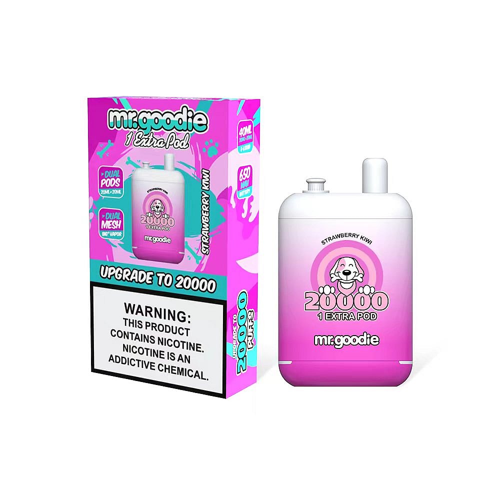 A pink and white Mr. Goodie vape device and box packaging displaying "20,000 puffs," "Strawberry Kiwi" flavor, and nicotine warning.