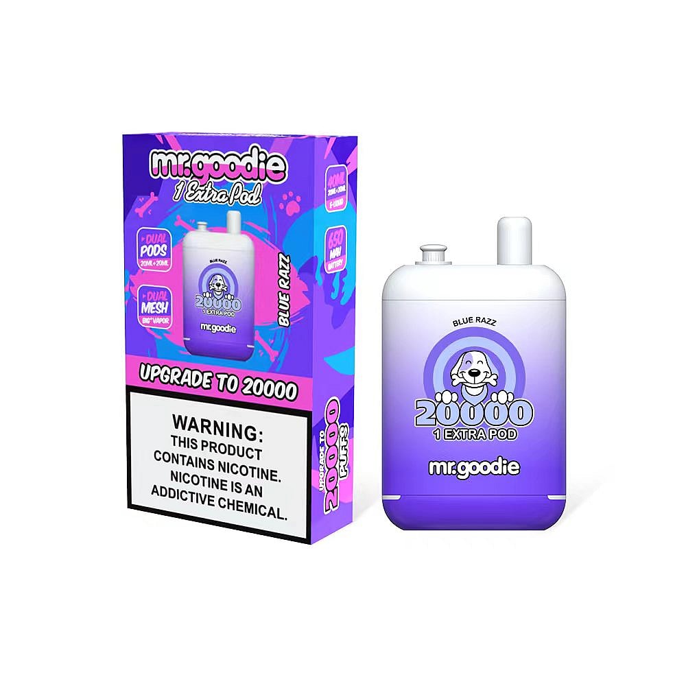 A box and a vape device labeled "mr.goodie" with "20,000 puffs" and "1 extra pod" featuring blue and purple packaging. The flavor is "Blue Razz" and there is a nicotine warning at the bottom.