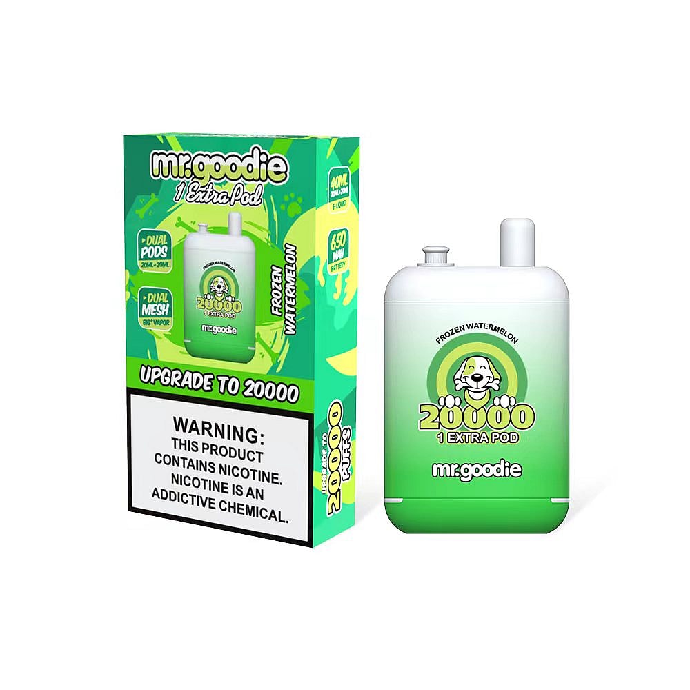 Mr. Goodie vape product box and device labeled "Frozen Watermelon," offering 20,000 puffs with a nicotine warning.