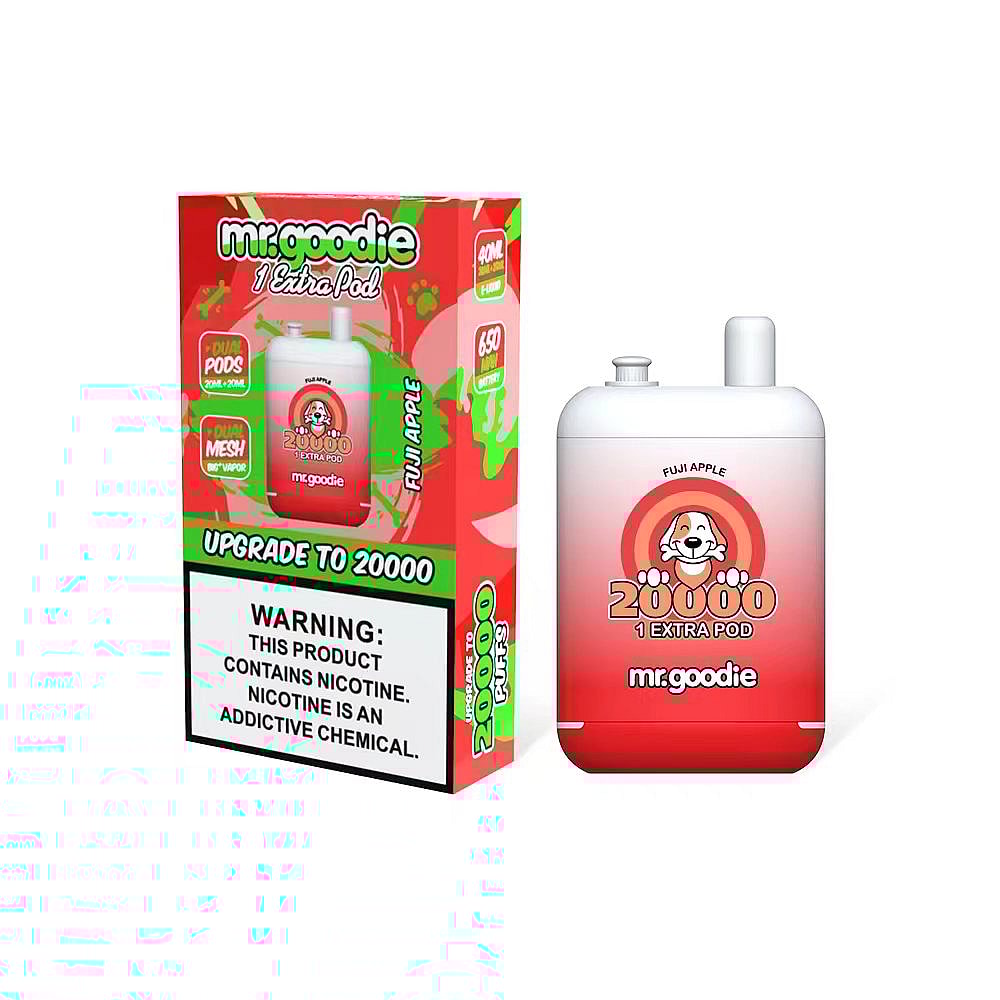Mr. Goodie vape device and packaging featuring Fuji Apple flavor with "Upgrade to 20000" puffs, dual pods, and a nicotine warning label.