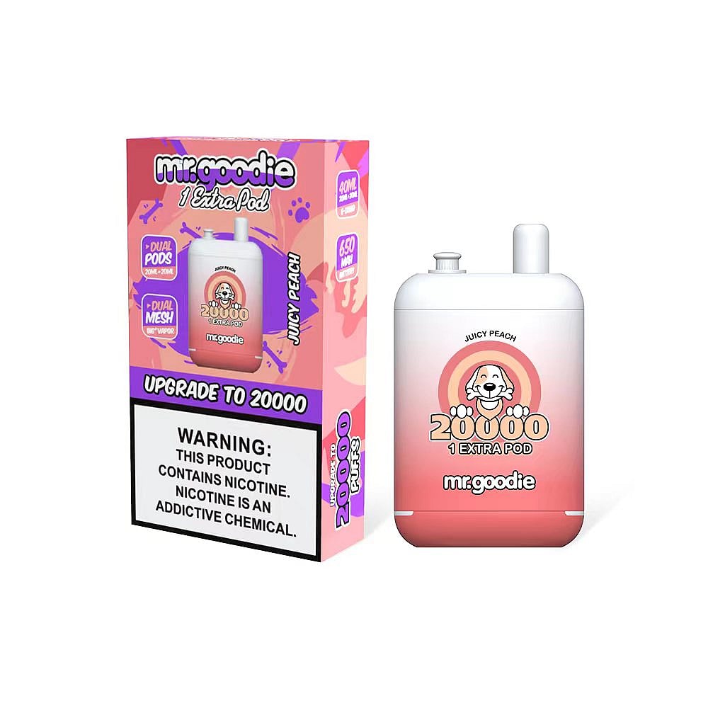 A Mr. Goodie vape device and packaging, featuring a "Juicy Peach" flavor with 20,000 puffs and an extra pod, highlighting "Dual Pods" and "Dual Mesh" technology, along with a nicotine addiction warning label.