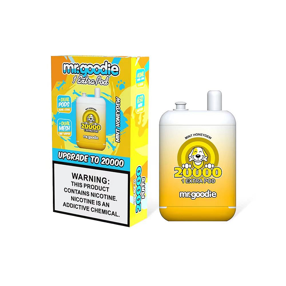 Mr. Goodie vape device with "Mint Honeydew" flavor, 20,000 puffs, and an extra pod, displayed alongside its packaging with a nicotine warning label.