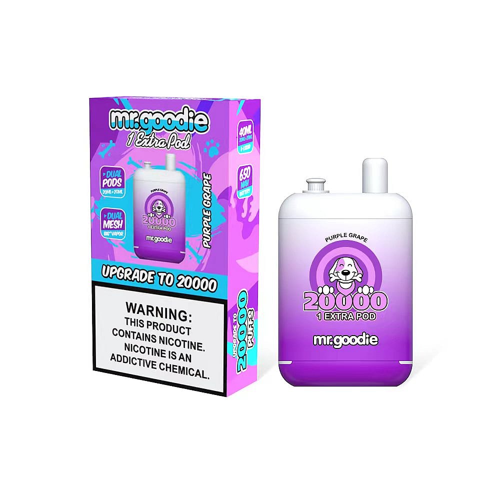 A purple and white vape device labeled "mr. goodie" with "20,000 puffs" and "Purple Grape" flavor, next to a matching box that contains warnings about nicotine.