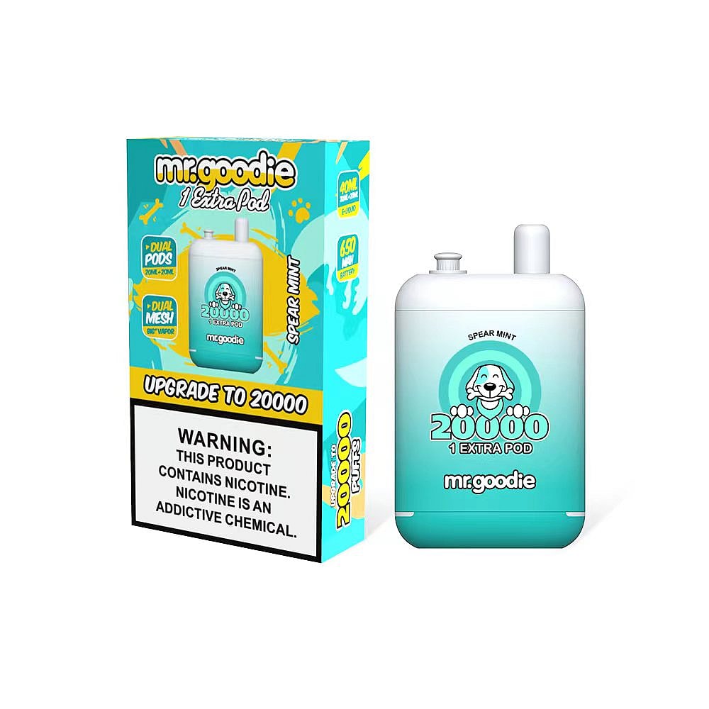 Mr. Goodie disposable vape with 20,000 puffs in Spear Mint flavor, showing the device and packaging with a nicotine warning label.