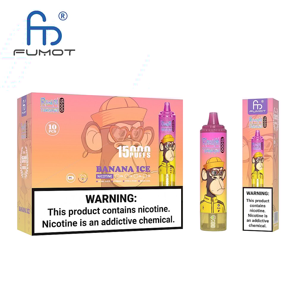 Confezione per vaporizzatore monouso del marchio FUMOT con aroma "Banana Ice", raffigurante una scimmia dei cartoni animati che indossa occhiali da sole e un cappello. Il prodotto pubblicizza 15.000 boccate, contiene nicotina e include un avviso sulle proprietà addictive della nicotina.