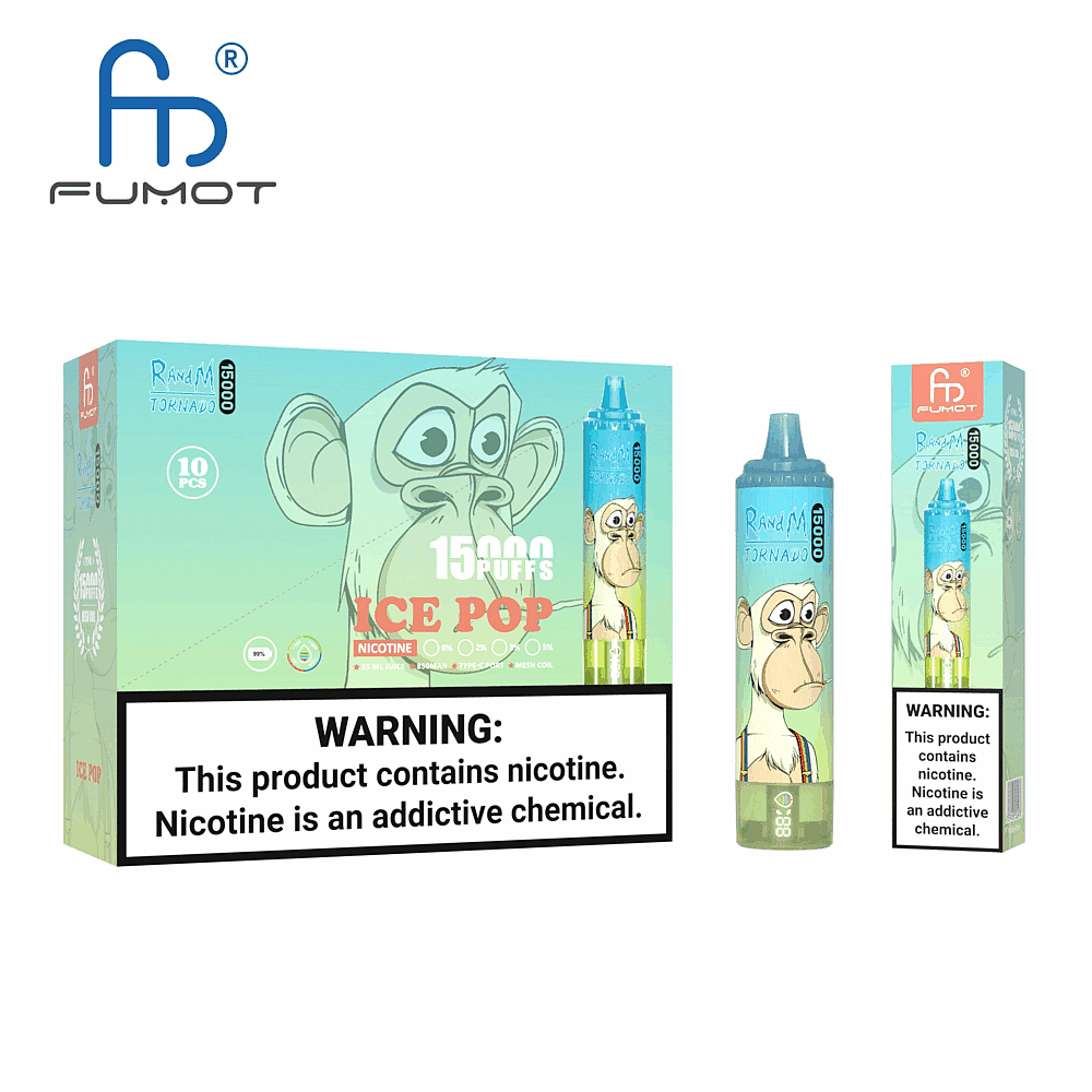 Verpackung und Produkt des Fumot Tornado Vape mit einem Comic-Affen, „Ice Pop“-Geschmack, 15.000 Zügen und einem Warnhinweis zu Nikotin.