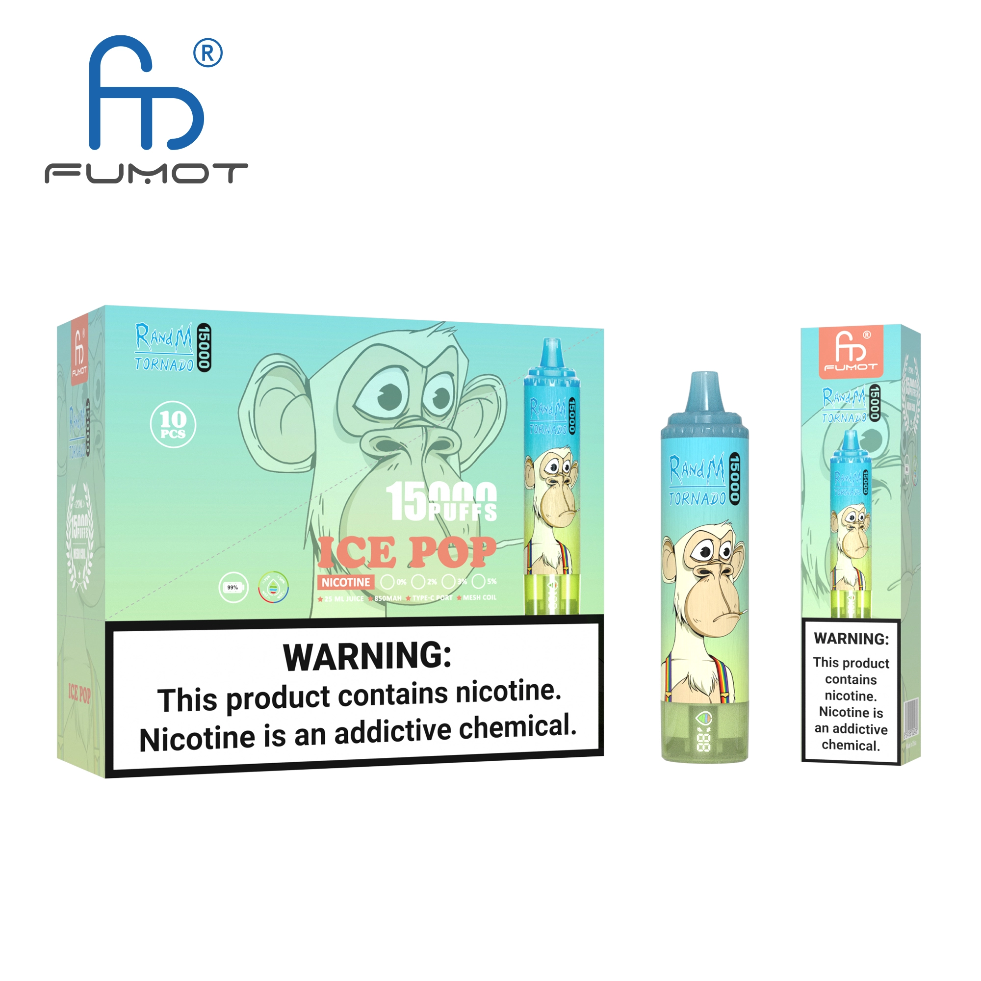 Confezione e prodotto dello svapo Fumot Tornado con una scimmia dei cartoni animati, aroma "Ice Pop", 15.000 boccate e un'etichetta di avvertenza sulla nicotina.