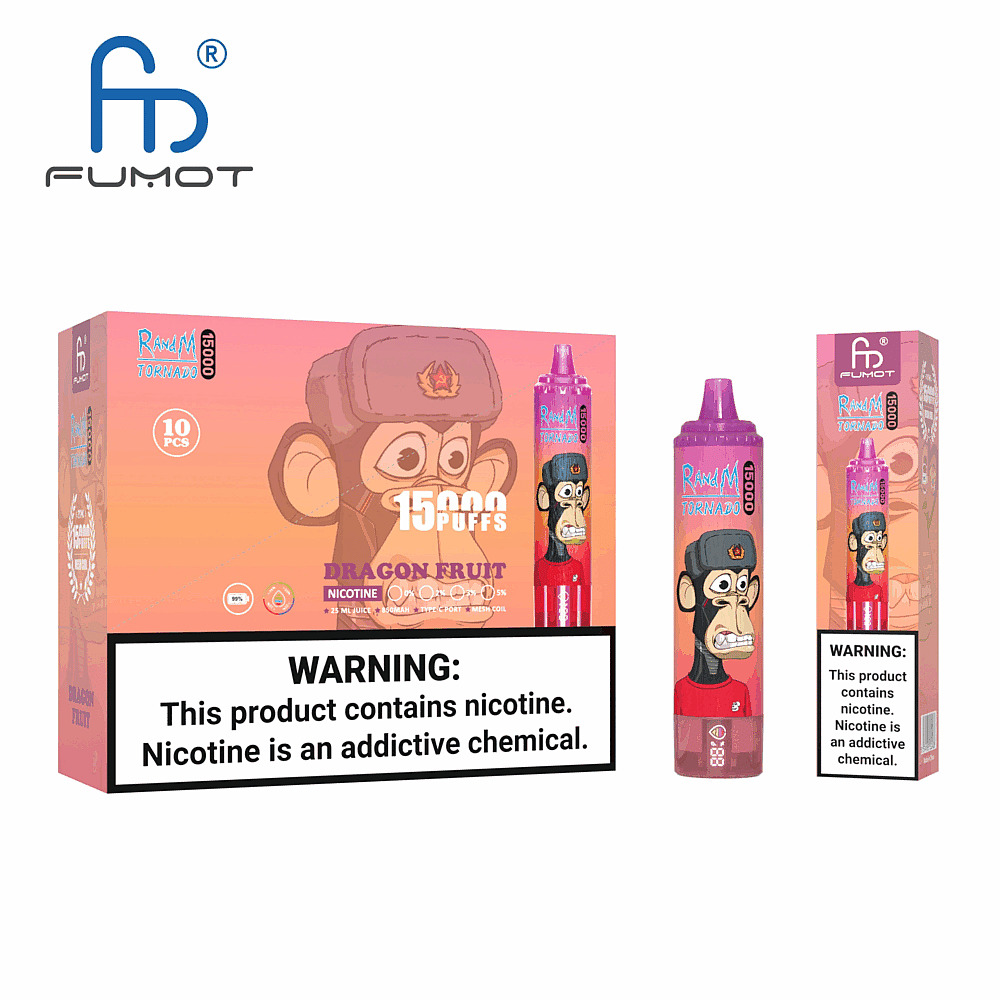 Verpackung und Dampfgerät für „FUMOT R&M Tornado 15000 Puffs“ mit Drachenfruchtgeschmack, einem Cartoon-Affen-Design und einem Nikotin-Warnhinweis.