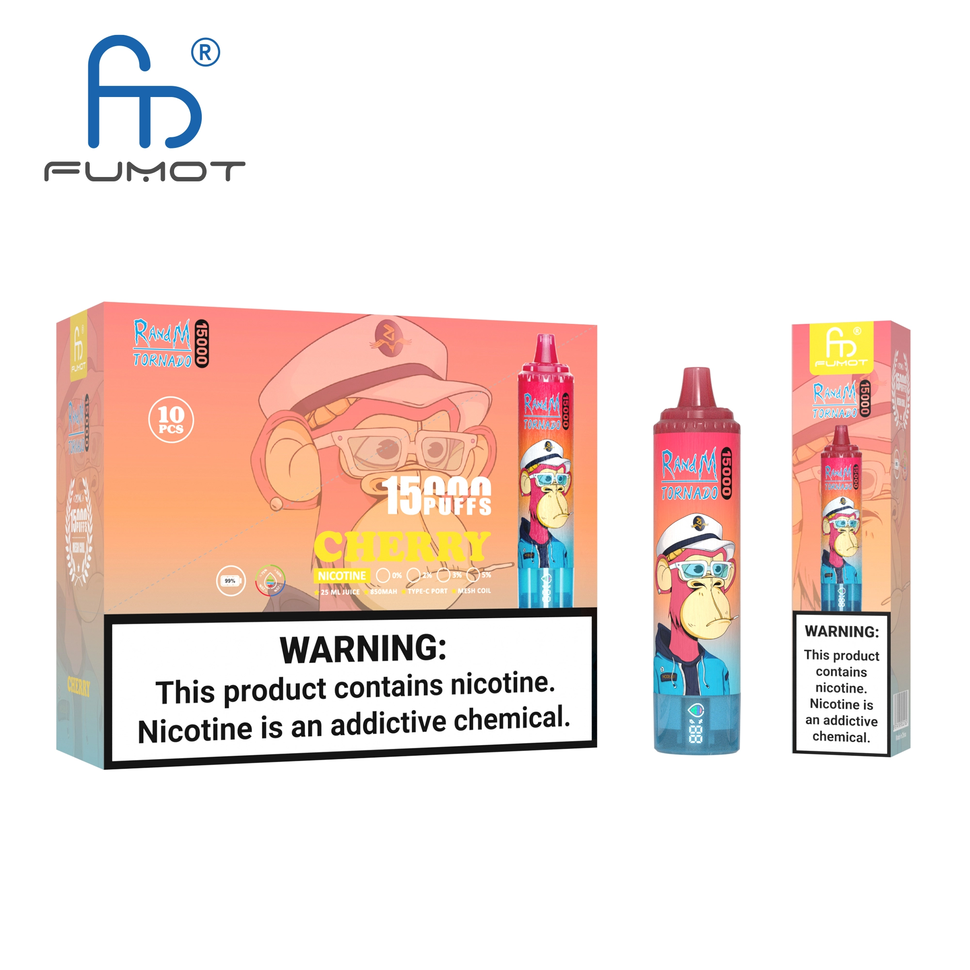 Confezione del prodotto per svapo e distributore individuale etichettato "R&M Tornado" con grafica in stile cartone animato, con 1500 boccate al gusto di ciliegia e un'etichetta di avvertenza sulla nicotina.